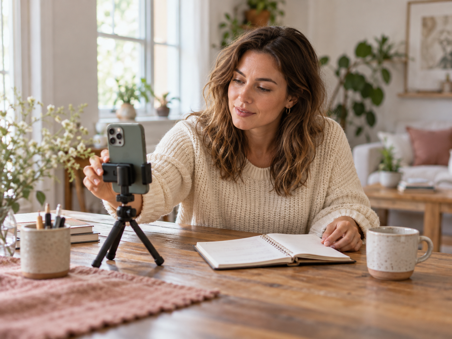 Illustrative adult preparing a phone camera at a home workspace
